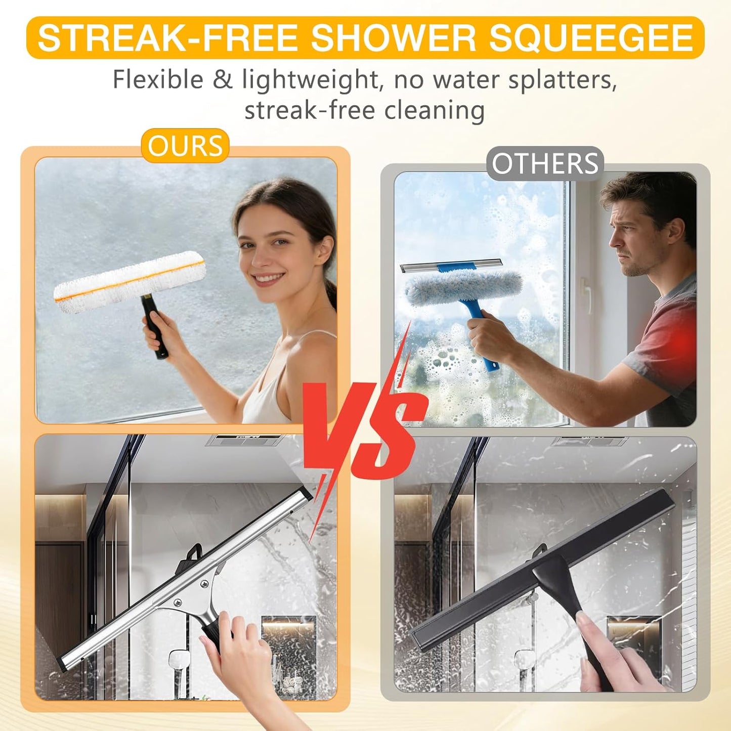 Window Cleaning Squeegee Kit- 14" Squeegee & Microfiber Rotatable Window Scrubber,All-Purpose Tile Shower Walls Window Glass Car Windshield Mirrors,Reusable Microfiber Sleeve