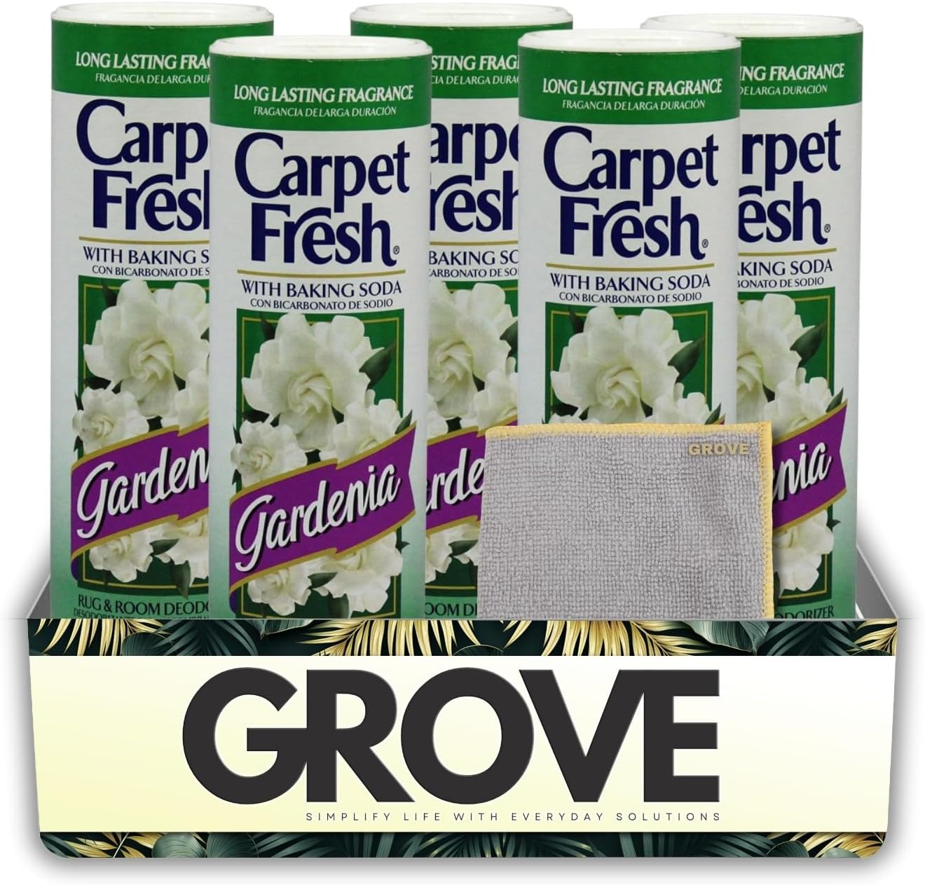 5x Carpet Fresh Gardenia Scent Carpet Odor Eliminator 14 oz Powder Bundle with Microfiber Cleaning Cloth – Eliminates Pet Odors, Provides Long-Lasting Freshness – Gift Set (6 Items)