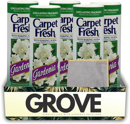 5x Carpet Fresh Gardenia Scent Carpet Odor Eliminator 14 oz Powder Bundle with Microfiber Cleaning Cloth – Eliminates Pet Odors, Provides Long-Lasting Freshness – Gift Set (6 Items)