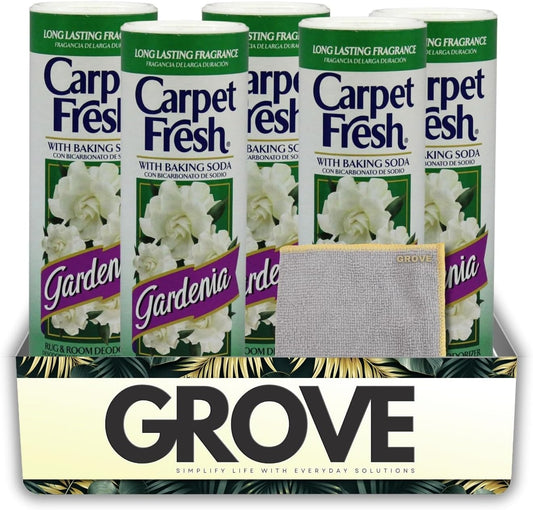 5x Carpet Fresh Gardenia Scent Carpet Odor Eliminator 14 oz Powder Bundle with Microfiber Cleaning Cloth – Eliminates Pet Odors, Provides Long-Lasting Freshness – Gift Set (6 Items)