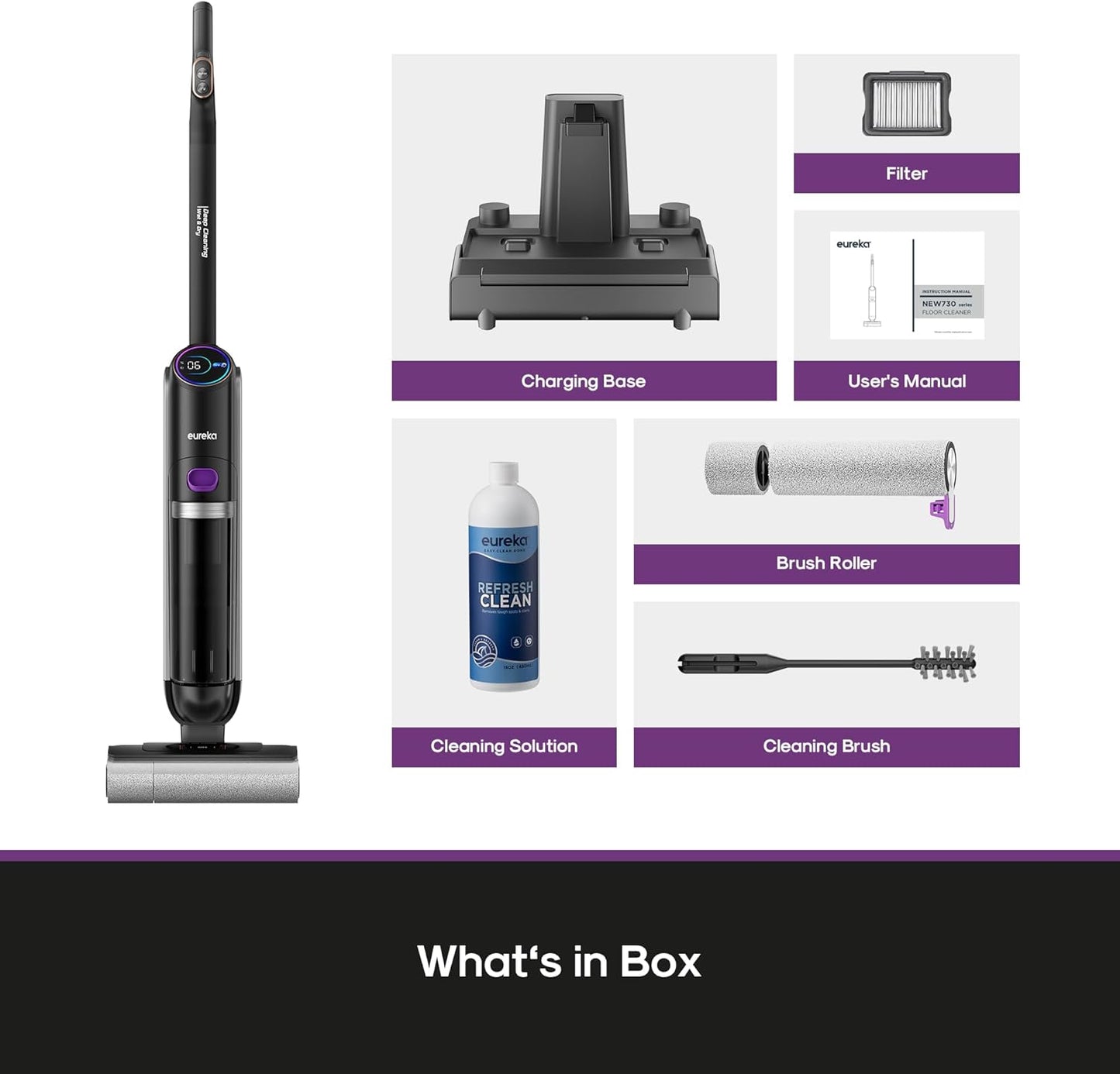 Eureka Cordless Wet Dry Cleaner, 170° Reclinable, Hot Air Drying Self Cleaning Vacuum and Mop Combo, Good for Hard Floors Pet Hair Sticky Messes, RapidWash 630, Purple