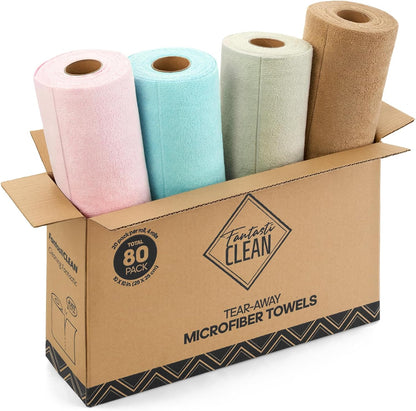Fantasticlean Kitchen Towels - 40 Sheets - Reusable Washable Dishcloth Rolls, Super Absorbent, Premium Microfiber Cleaning Cloths, 10'' by 10'' (Beige, MossGreen)