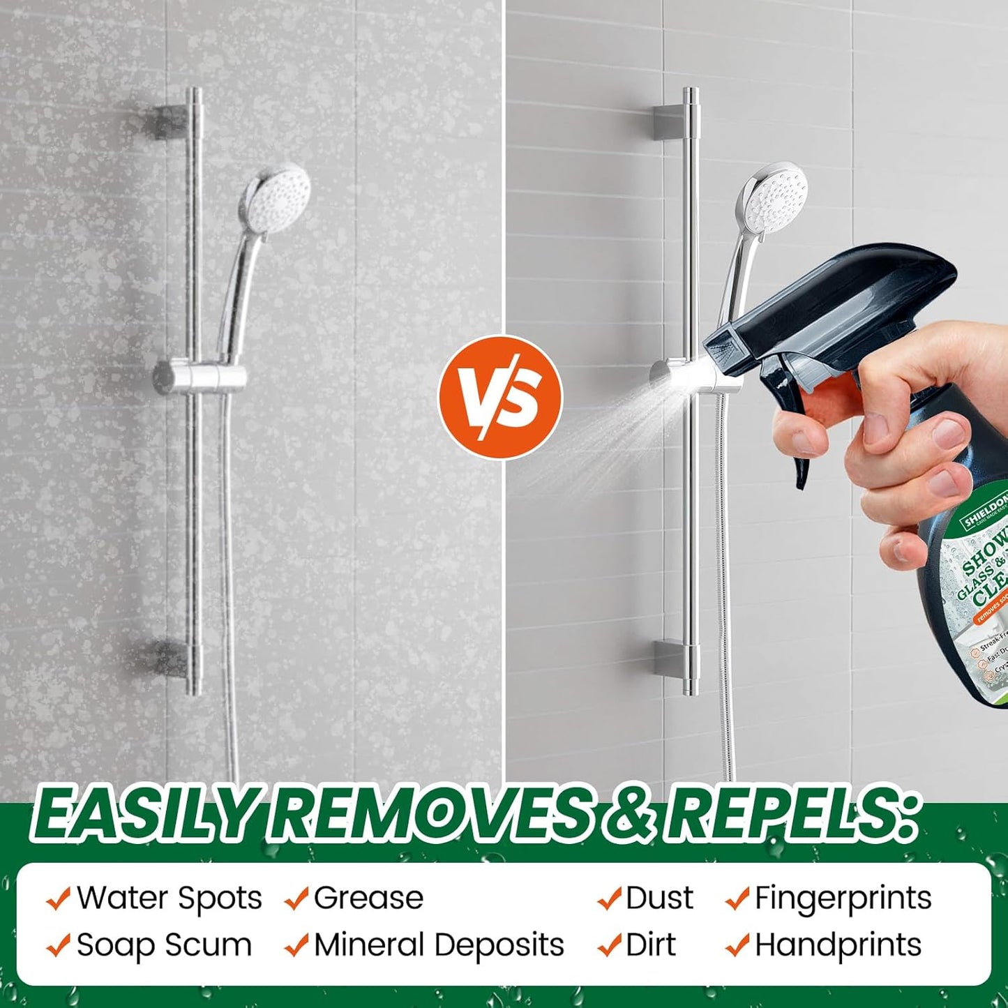 SHIELDOM Shower Glass Cleaner, Glass Window & Mirror Cleaning Hard Water Stains Remover Removes Soap Scum/Water Spot/Fingerprint/Dirt with Squeegee & Towel for a Streak-Free Shine 6.8fl oz/200ml