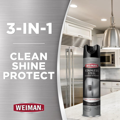 Weiman Stainless Steel Cleaner & Polish, 2 Pack Aerosol, Anti Fingerprint Spray Stainless Steel Cloth, Water Spots & Grease, No Streaks or Residue, Safe for Metal Polish, Chrome, Appliances & Sinks