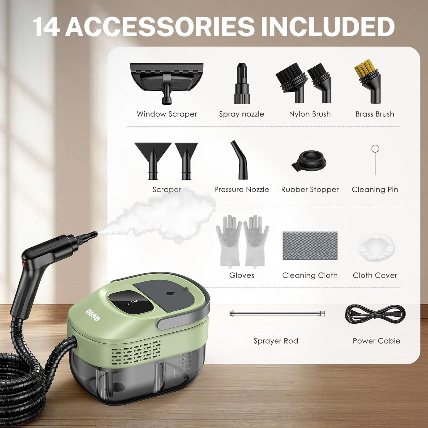 ODSD Steam Cleaner for Home & Car, 3-Level Adjustable Steamer for Cleaning, 15s Heat-Up & 1.6L Large Tank, Handheld Steam Cleaner for Car Detailing, Home, Tile, Grout, Furniture with 15pcs Accessories
