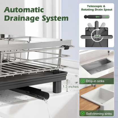 JASIWAY Dish Drying Rack in Sink, Expandable Stainless Steel Dish Drainers for Kitchen Counter, Dish Dryer Rack for Inside Sink, Over The Sink Dish Racks with Utensil Holder, Silver