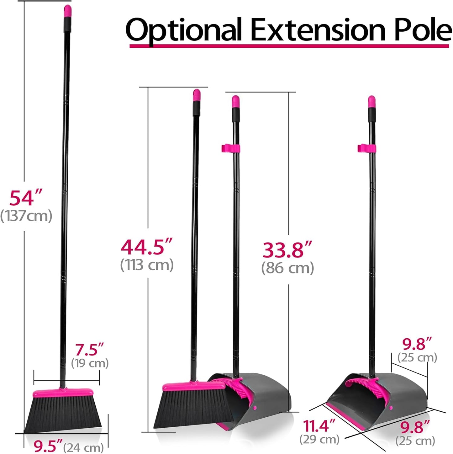 JEHONN Broom with Dustpan Combo Set, Long Handle Lightweight Indoor Broom Set, Upright Standing Dust Pan with Comb Teeth Store Sweep Set for Home Room Kitchen Office Lobby (Rose Red)