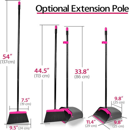 JEHONN Broom with Dustpan Combo Set, Long Handle Lightweight Indoor Broom Set, Upright Standing Dust Pan with Comb Teeth Store Sweep Set for Home Room Kitchen Office Lobby (Rose Red)
