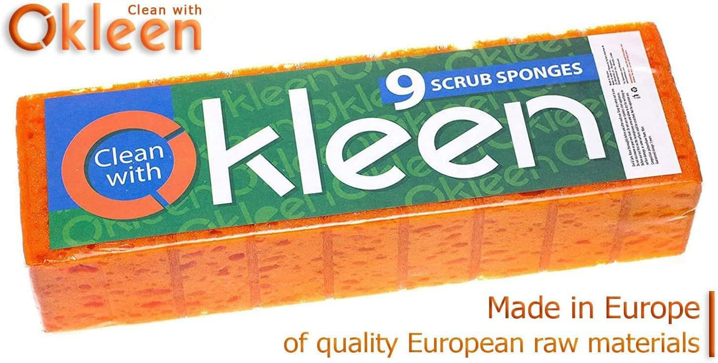 Green Multi Use Scrub Sponge. Made in Europe. 9 Pack, 4.3x2.8x1.4 inches. Odorless Heavy Duty and Non Scratch Fiber. Best, Durable, Delicate, Porous, Non Cellulose Kitchen Sponges and Scrubbers