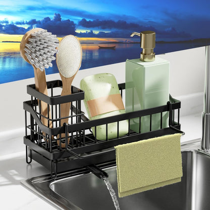 Sponge Holder for Kitchen Sink,Sink Caddy Organizer with Removable Brush Holder,Kitchen Countertop Soap Dispenser Storage with Detachable Towel Rack,Black
