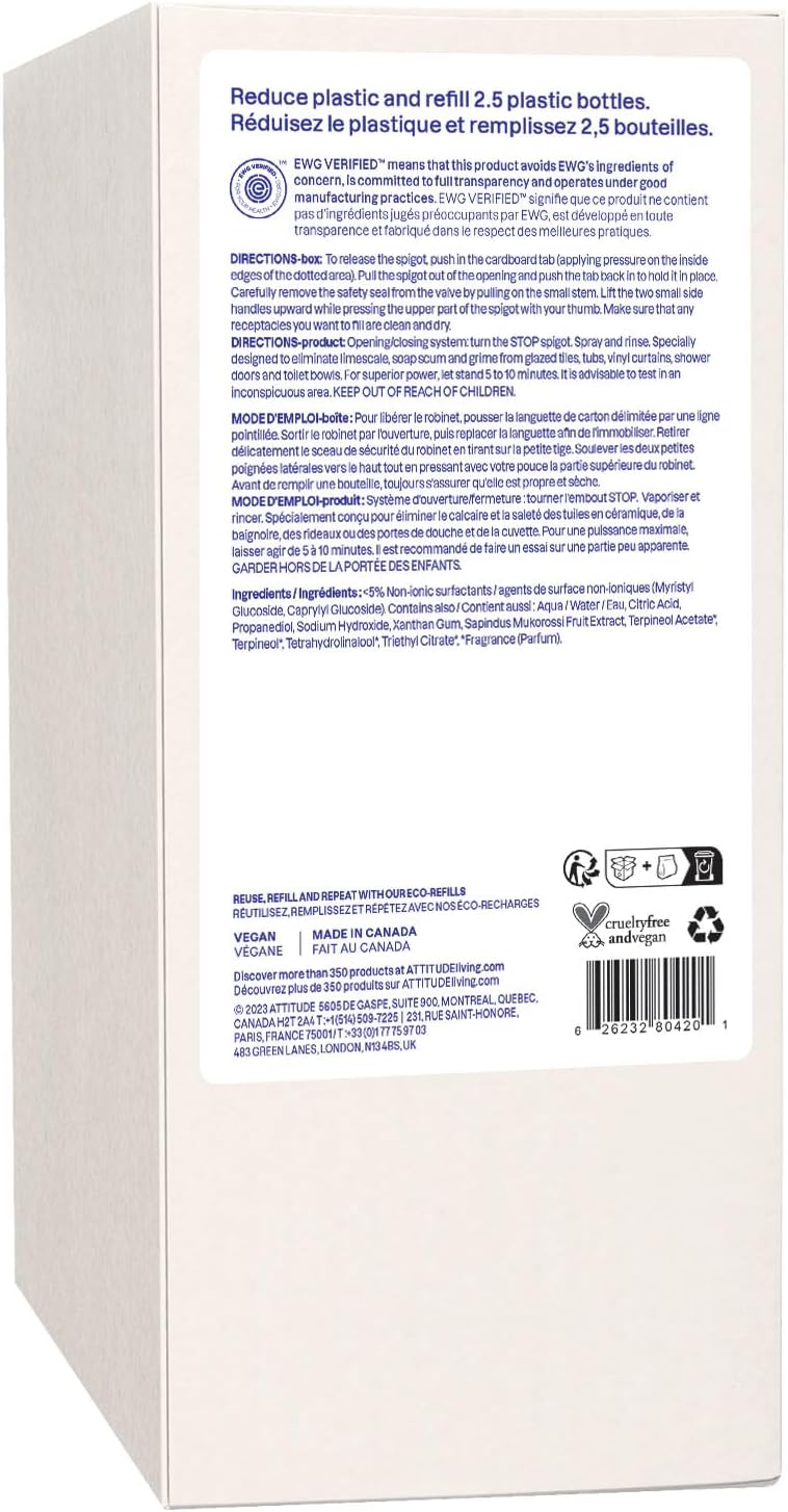 ATTITUDE Bathroom Cleaner Spray, Natural Origin Ingredients, EWG Verified, Eliminates Soap Scum, Limescale, Streak Free, Lemon & Rosewood, 26 Fl Oz