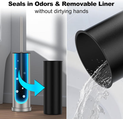 Bronze Toilet Brush and Holder Set，Stainless Steel Heavy Duty Toilet Bowl Brush，Extra Long Handled Modern Toilet Cleaner Brush, Removable Inner Bowl, and Splash Protection