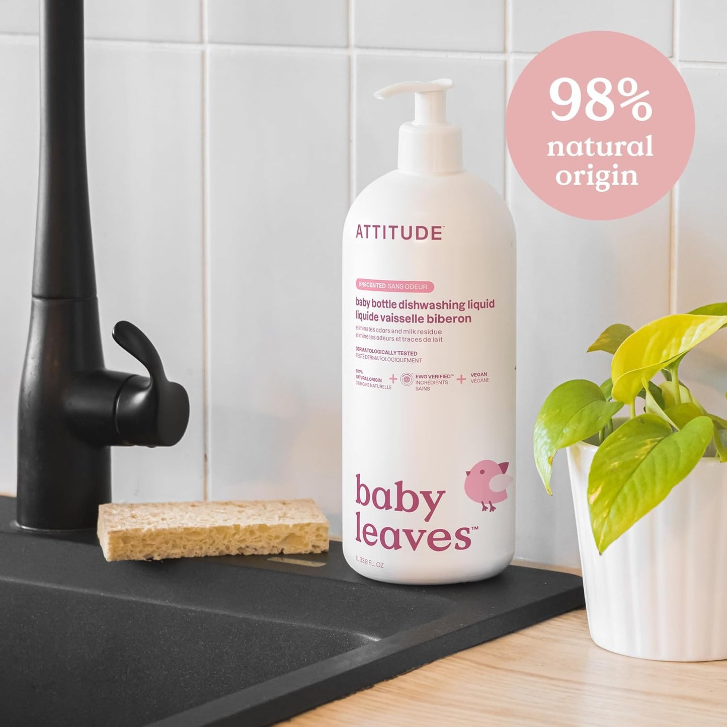 ATTITUDE Baby Bottle & Dish Soap, EWG Verified Bottle Cleaner, Fragrance Free & Dye Free, Removes Milk Residue & Grease, Vegan, Bulk Refill, Unscented, 67.6 Fl Oz (Pack of 4)