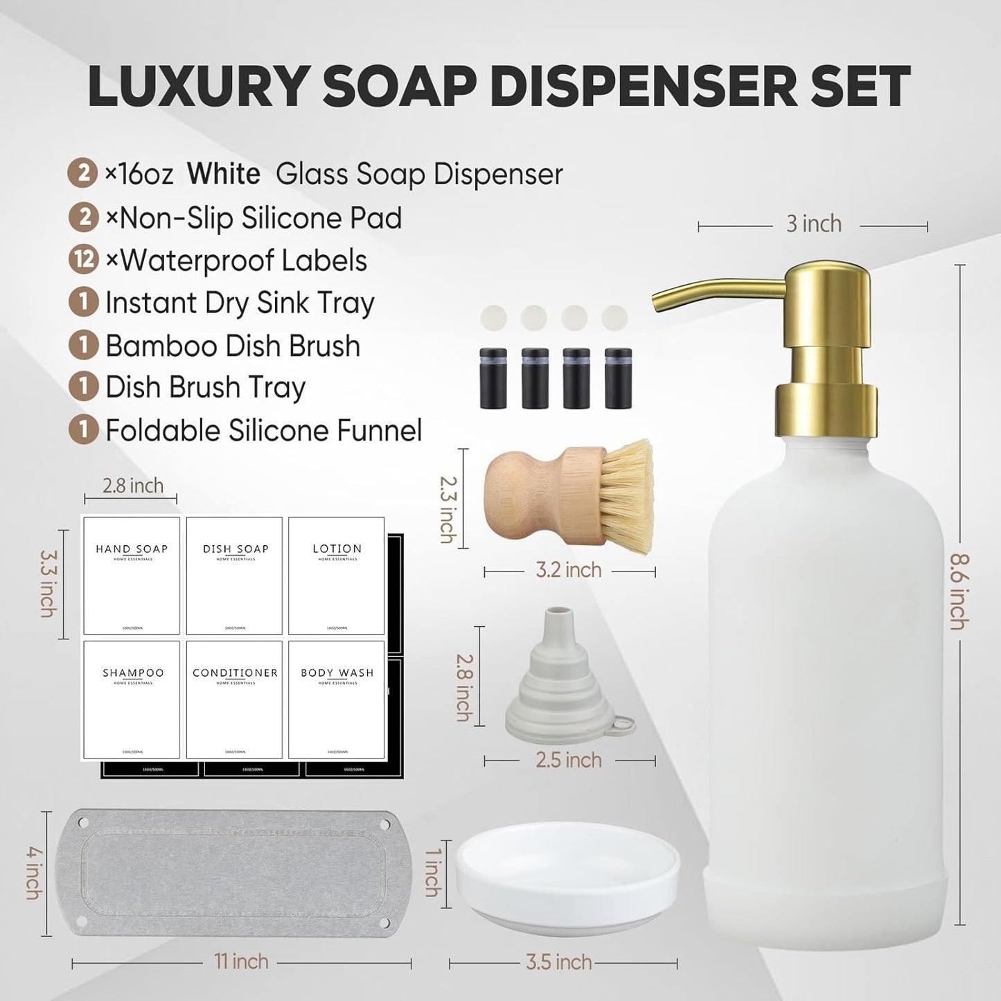 Kitchen Soap Dispenser Set with Instant Dry Tray,16 Oz Hand and Dish Soap Black Glass Dispenser Set,Stainless Steel Pump,Waterproof Labels&Dish Brush,Luxury Soap Bottle for Kitchen,Bathroom
