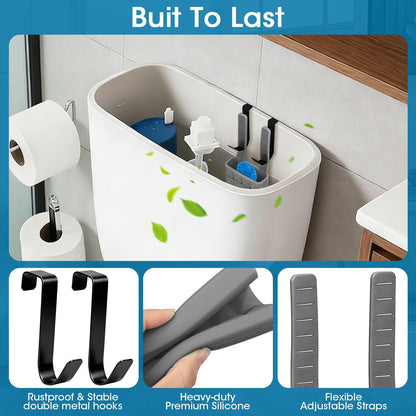 Adjustable Toilet Tank Cleaning Tablet Holder-Hanging Silicone Basket Carrier with Rustproof Hooks for Bowl Cleaner & Bleach Tablet Organizer, Accessory Fit Up to 7" Water Level