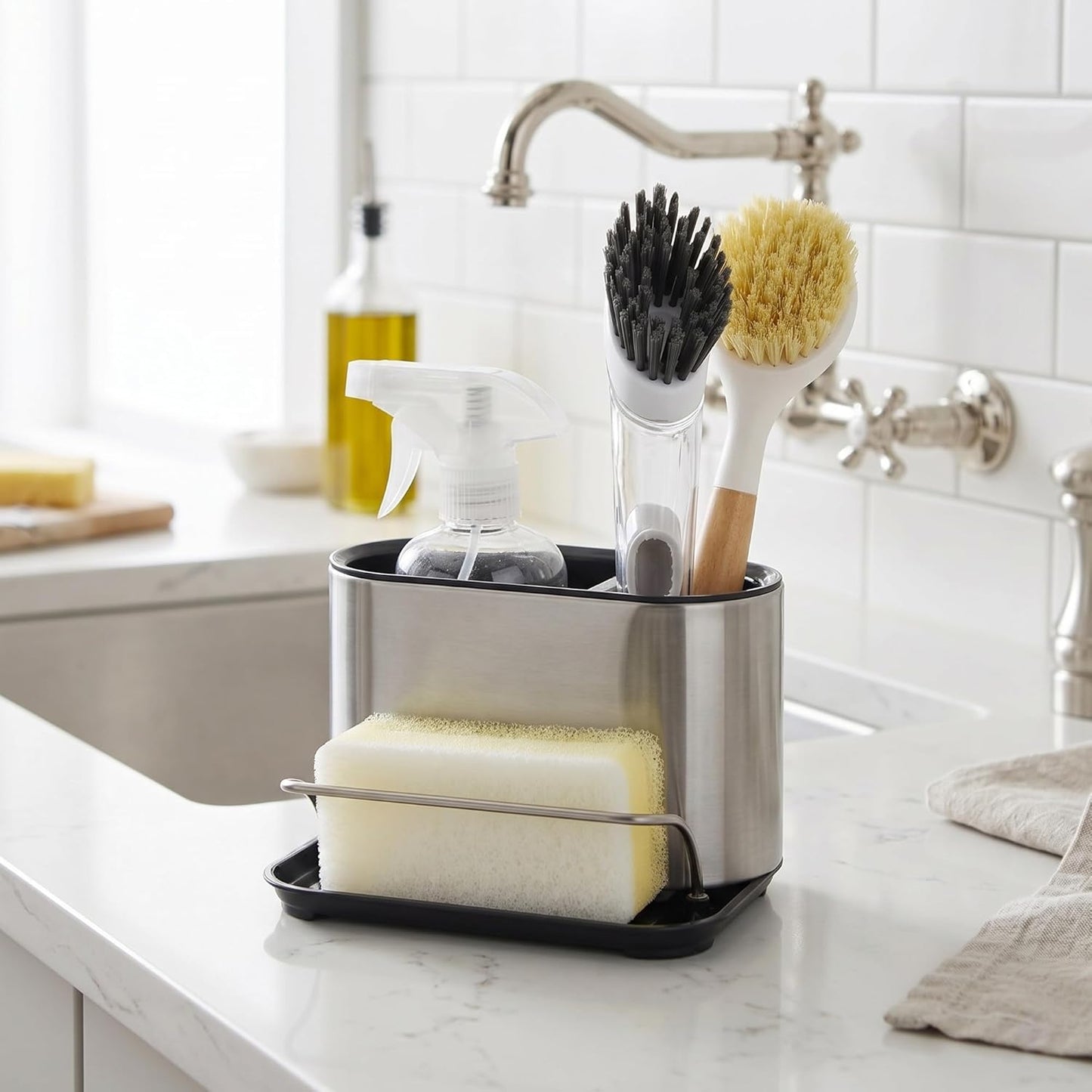 Stainless Steel Sink Caddy Sponge Holder Organizer Tidy Drains Water Dish Brush Holder for Kitchen Counter