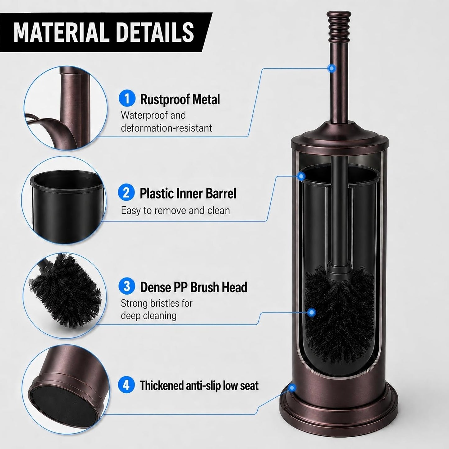 Black Toilet Brush and Holder Set，Extra Long Handled Toilet Bowl Brush and Holder，Stainless Steel Heavy Duty Toilet Brush for Bathroom,Deep Cleaning Modern Toilet Cleaner Slip Base