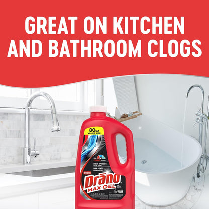 Drano Max Gel Drain Clog Remover & Cleaner, Fast-Acting to Unclog Standing Water & Remove Hair, Grease & Food Blockages, Safe for all Pipes & Septic, Kitchen Sinks, Bathroom Showers & Tubs, 32 Oz