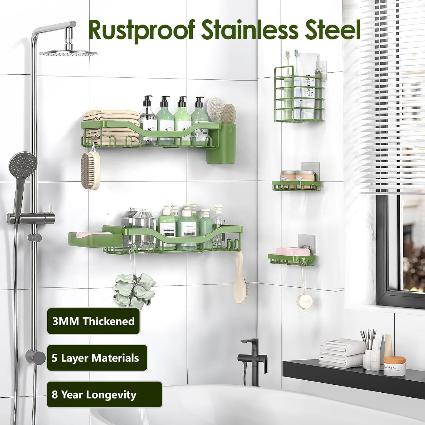 NESOMI Shower Caddy Adhesive Shower Organizer 7-Pack, Rustproof Stainless Steel Bathroom Shelves, Large Capacity No-Drill Rack Storage Accessories with Soap Dish Toothbrush Holder &24 Hooks Home Decor