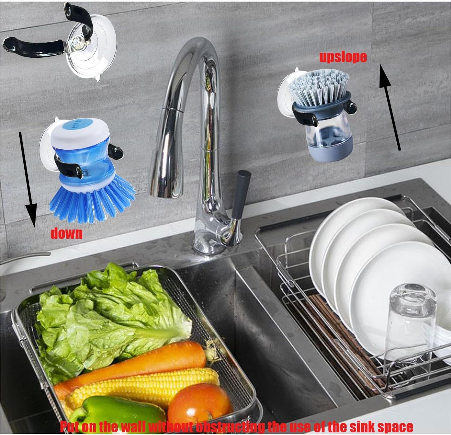 Soap Dispensing Palm Brush Holder for Kitchen Brush Dish Brush with Soap Dispenser Pot with a Traceless Suction Cup (Closed Brush Holder)