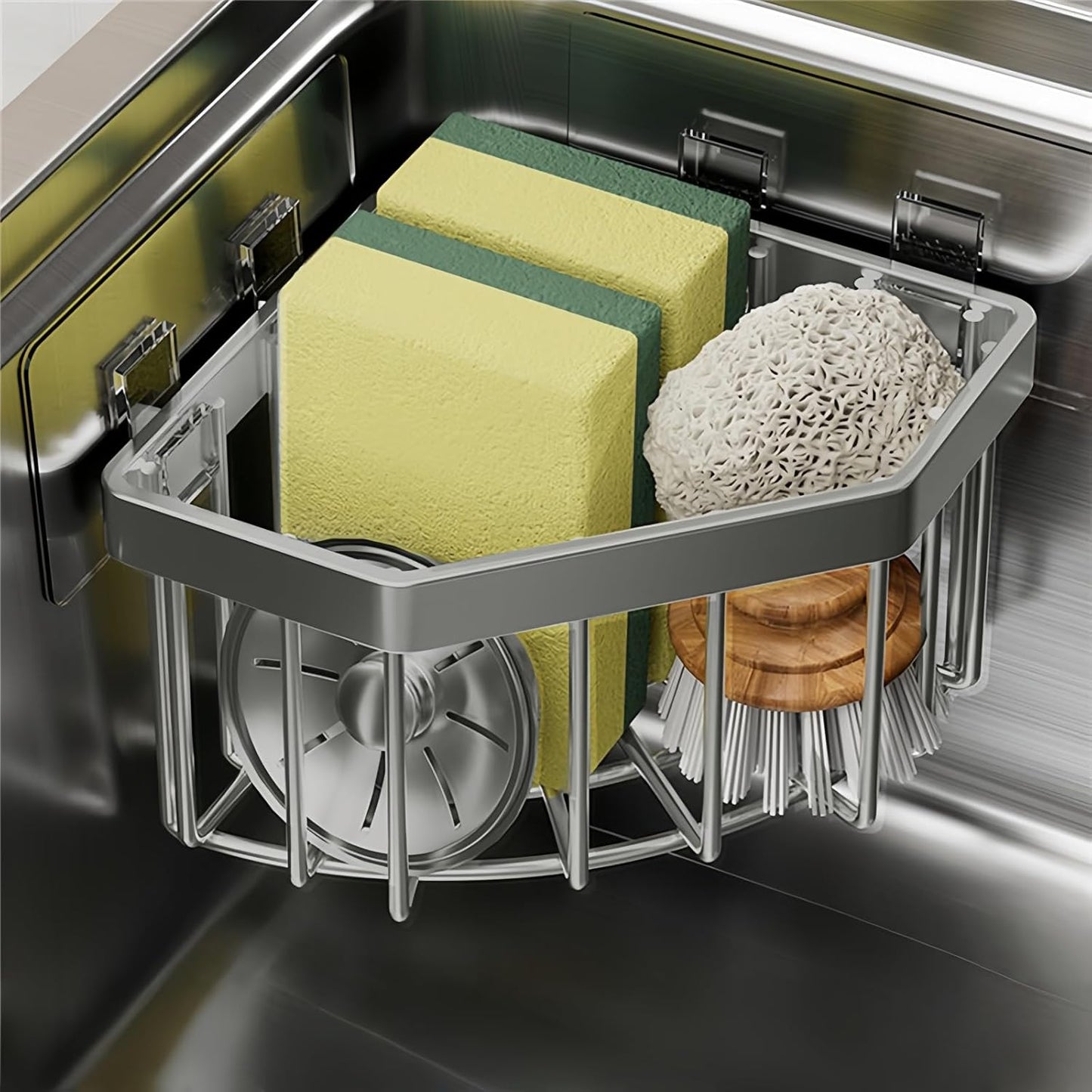 Wall Mounted Sink Caddy Organizer, Carbon Steel Kitchen Sponge Holder with 2 Adhesive Hooks, Triangular Drain Rack, 5.27x5.27x3.54 Inch (Grey)