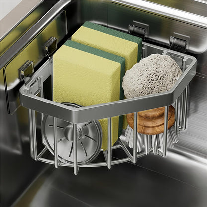 Wall Mounted Sink Caddy Organizer, Carbon Steel Kitchen Sponge Holder with 2 Adhesive Hooks, Triangular Drain Rack, 5.27x5.27x3.54 Inch (Grey)