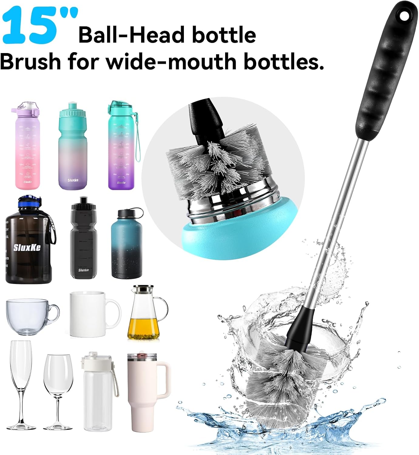 Bottle Brush Set with Straw Cleaner Brush and 3 in 1 Cup Lid Cleaning Brush, Water Bottle Cleaner with Long Handle for Cleaning Narrow Neck Beer, Cup, Wine Glasses, Tumblers, Baby Bottles
