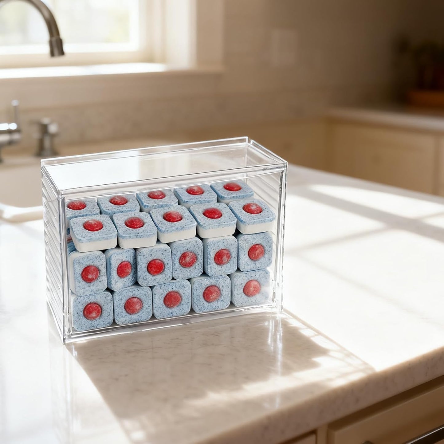 Rainmae Dishwasher Detergent Pod Holder Clear Acrylic Wall Mounted Large laundry Pods Under Sink Storage Case Candy Organizer Cleaning Supplies Container with Divide for Home Kitchen Office Cabinet