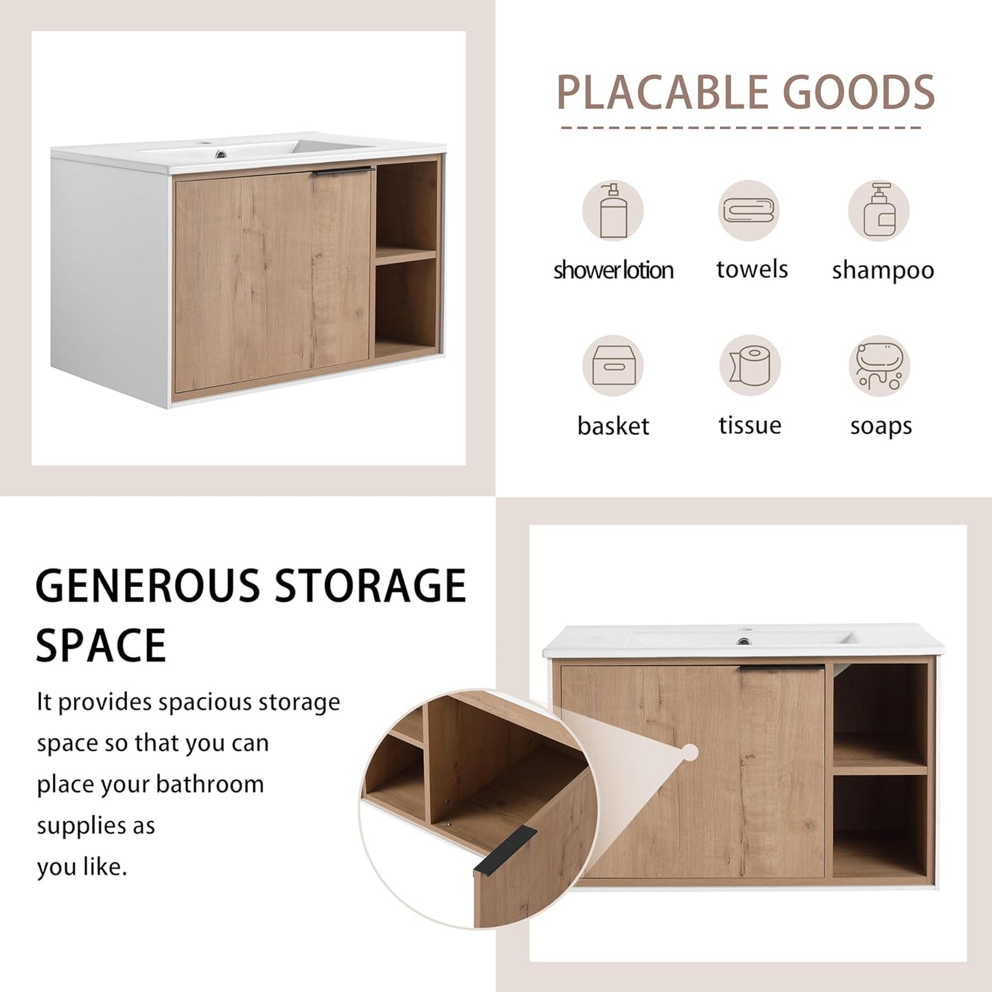 SSLine Modern 24-Inch Bathroom Vanity with Sink Wall Mounted Bathroom Vanity with Top Basin & Storage Cabinet White Wood Floating Vanity w/Ceramic Sink & Gold/Black Handles for Small Space