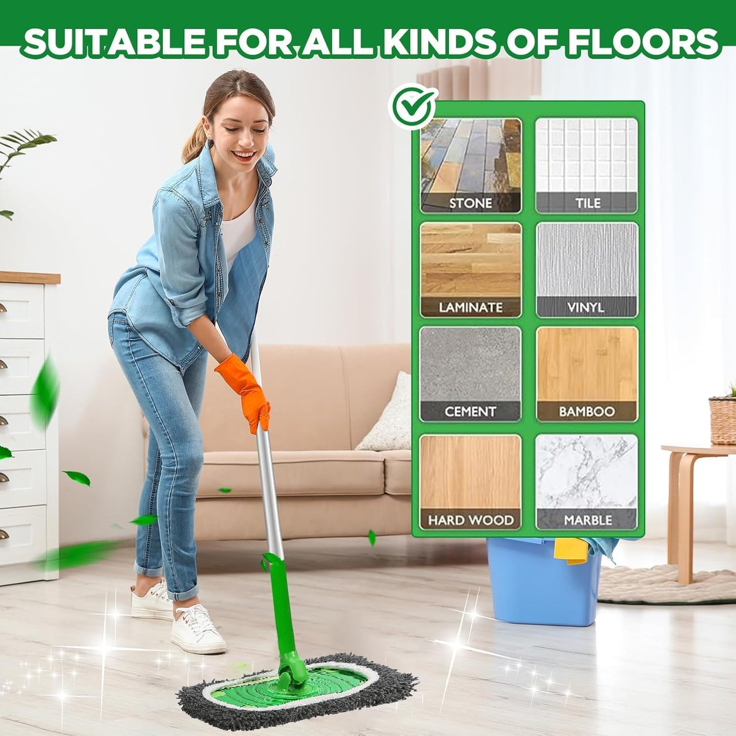 Reusable Microfiber Mop Pads Washable Wet Pads Compatible with Swiffer Sweeper Refills Pads for Wet & Dry Sweeping Cloths Mop Head Replacement for Household Cleaning (Green 4PCS)