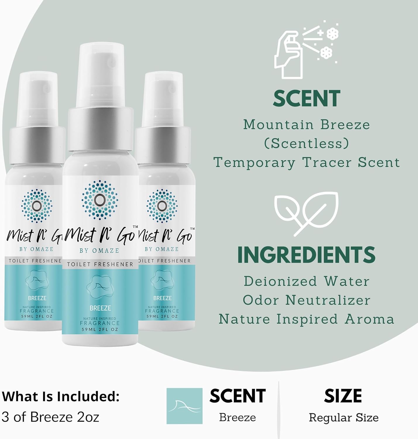 Mist N’ Go by Omaze Travel Bathroom Spray for Toilet Spray Odor Eliminator - Travel Toilet Spray for Bathroom Air Freshener Spray for Bathroom Deodorizer - Clean Mix, Travel Size (1oz x2)