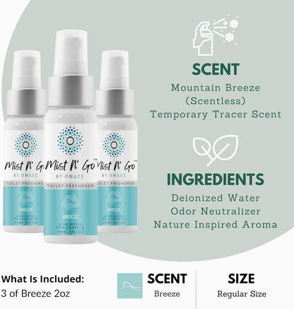 Mist N’ Go by Omaze Travel Bathroom Spray for Toilet Spray Odor Eliminator - Travel Toilet Spray for Bathroom Air Freshener Spray for Bathroom Deodorizer - Clean Mix, Travel Size (1oz x2)