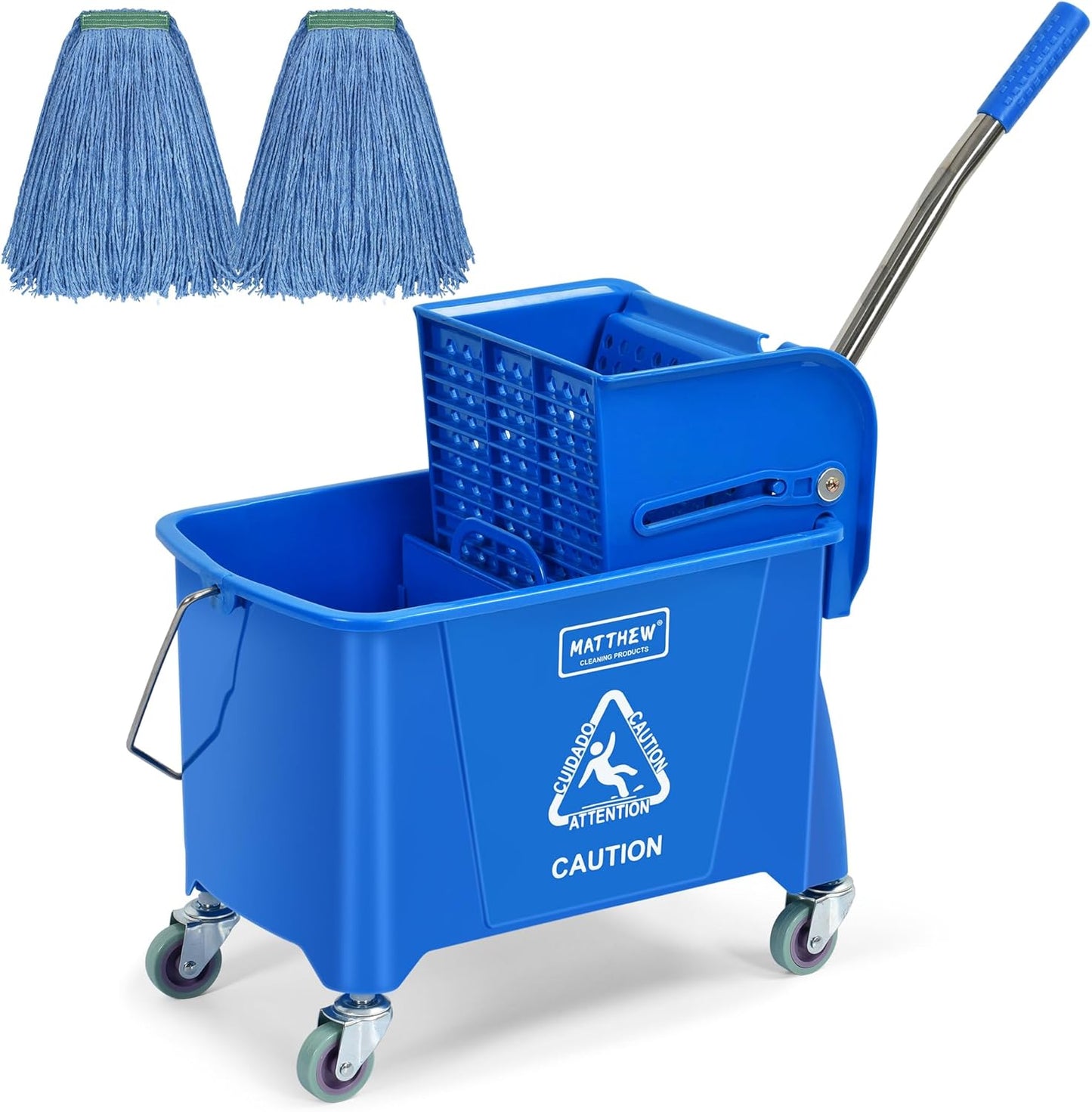 Matthew Cleaning 34 Quart Commercial Mop Bucket INCL.Wet String Mop with Side Press Wringer On Wheels,Heavy Duty Tandem Portable Floor Cleaning Wavebrake,Ideal for Household,Industrial,Restaurant