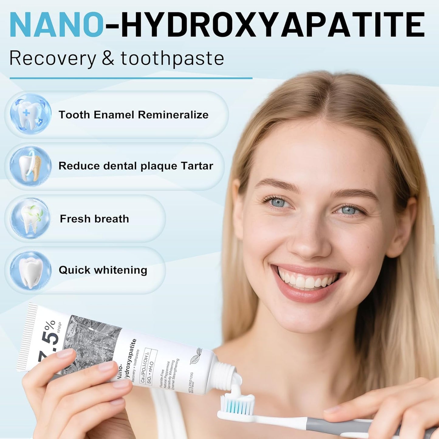 7.5% Nano Hydroxyapatite Toothpaste, SP-6 Probiotic Toothpaste, Helps Remineralize, Strengthens Enamel, Dentist-Formulated Whitening Toothpaste for Sensitive Teeth, Fluoride-Free, 4.23 oz 2Pack