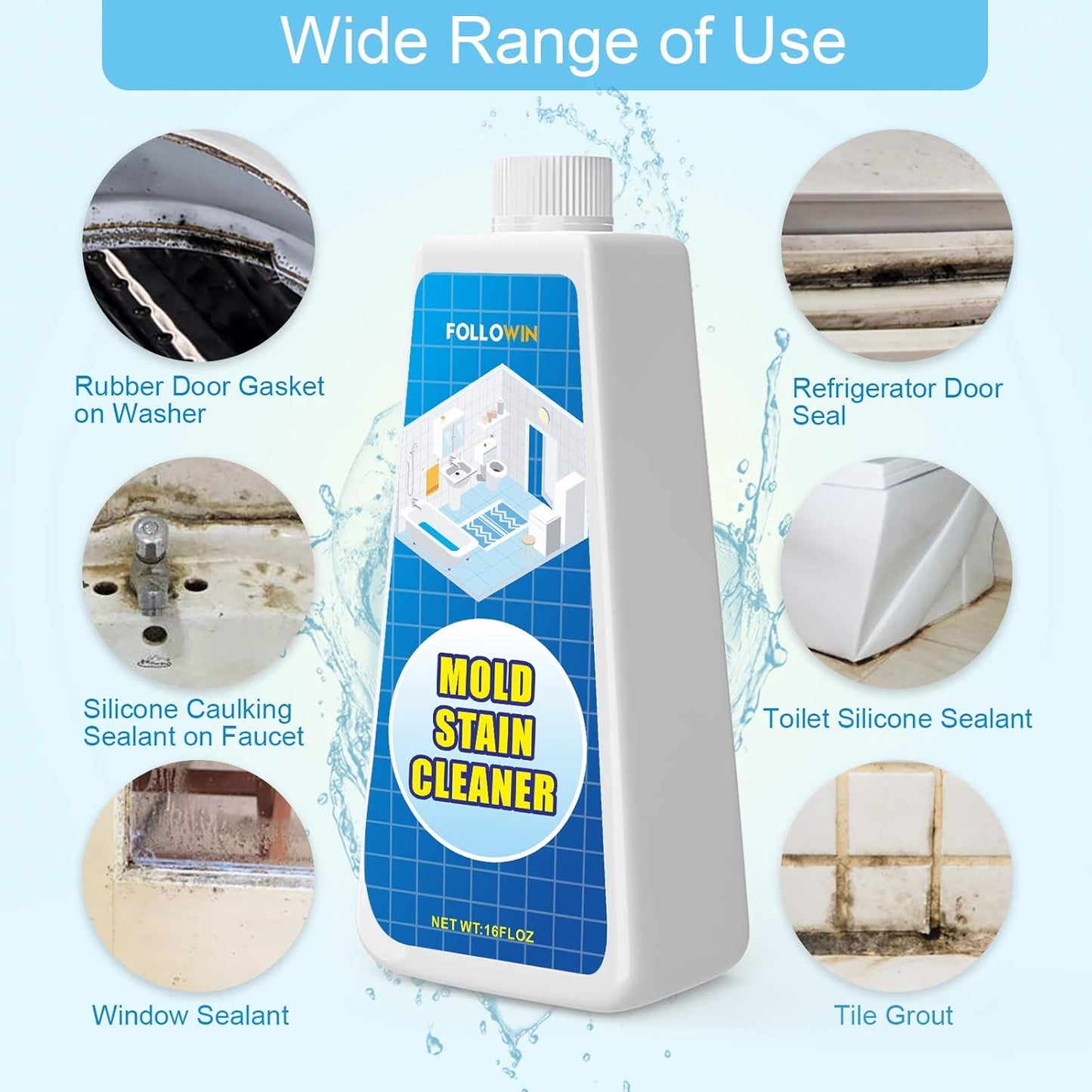 FOLLOWIN Mold and Mildew Remover Gel, Household Stain Cleaner for Washing Machine Seal, Bathroom Grout, Shower Tile, Kitchen Sink, Silicone Caulk - Non-Drip, Deep-Penetrating Formula, 16 oz