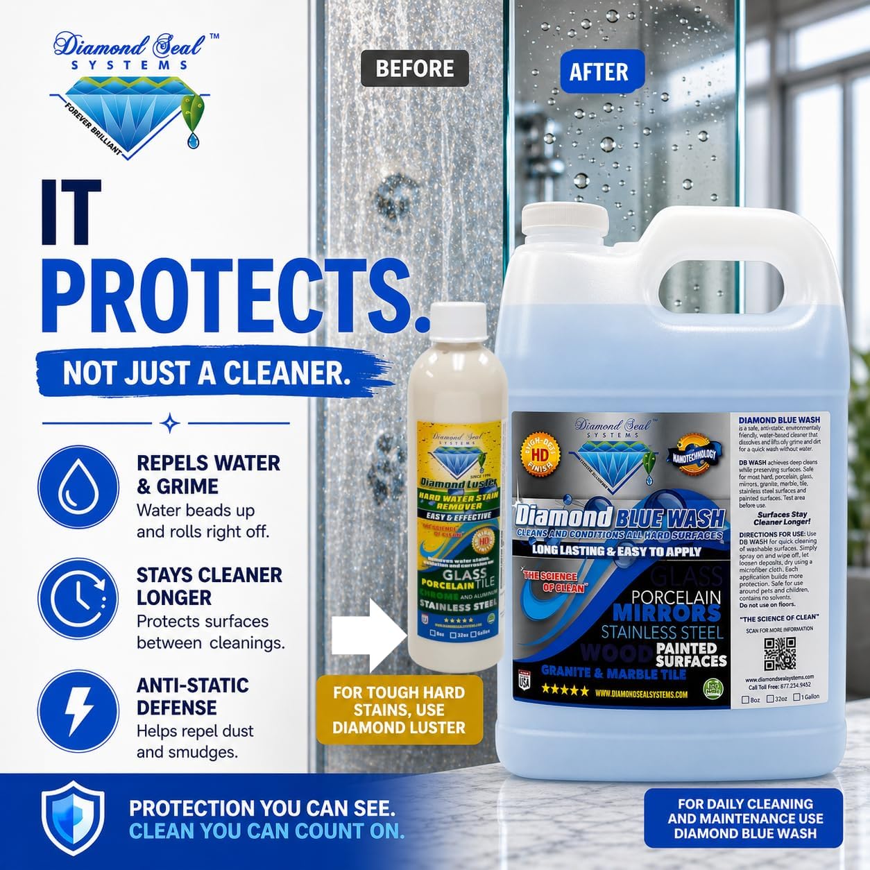 Made in the USA. Diamond Blue Repellent Wash Multi Surface. Cleans,Shine Best Cleaner for Glass, Granite, Countertops Wood & Stainless Steel. Direct from the Manufacturer 32oz Easy to use spray bottle