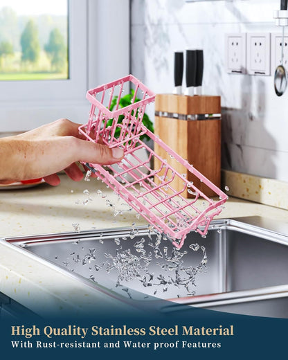 Consumest Sink Caddy, Kitchen Sponge Holder with Dish Brush Holder, Kitchen Organizer with Drip Tray for Countertop, Stainless Steel Rustproof - Silver