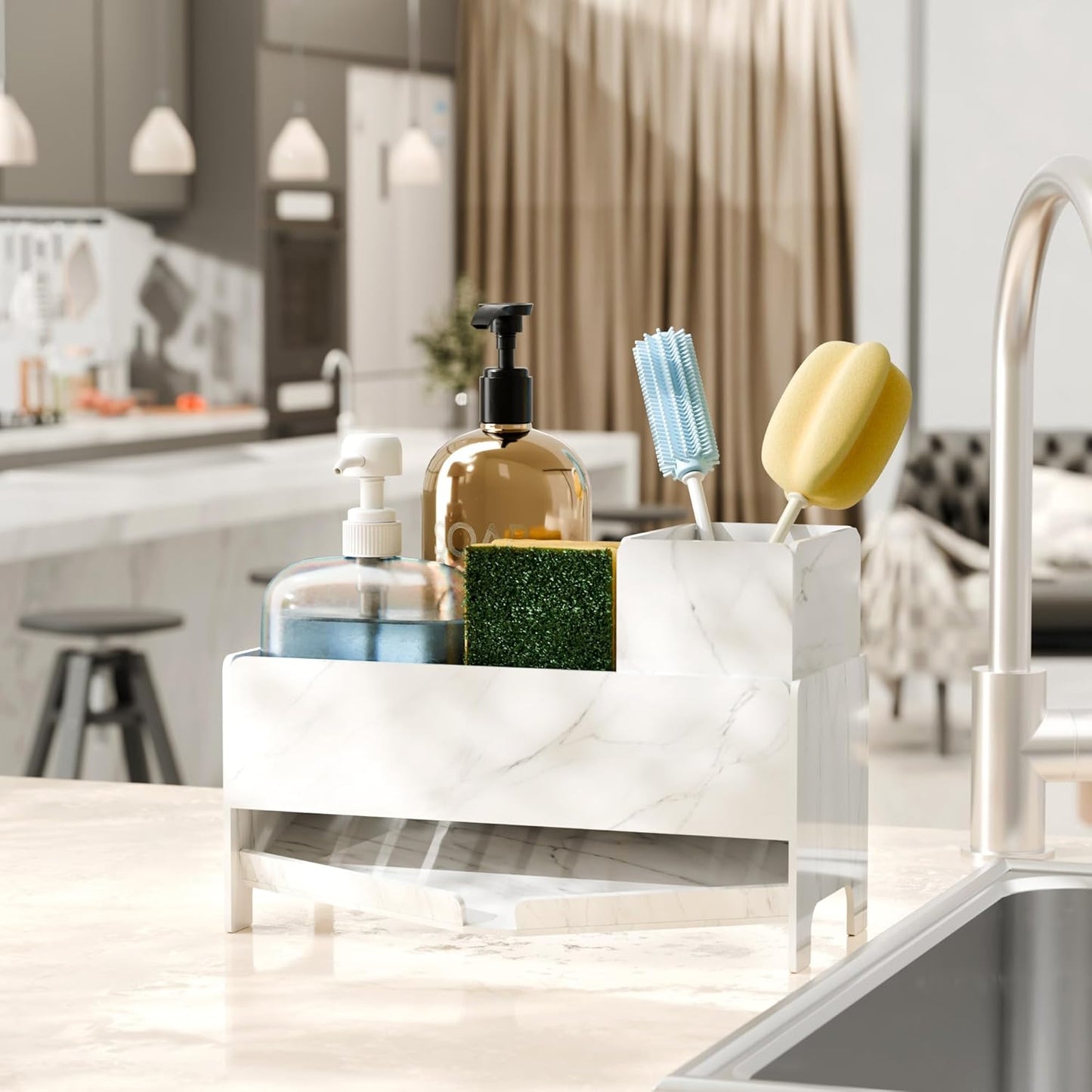 TIDIIABODE Sponge Holder for Kitchen Sink - White Marble Acrylic Sink Caddy with Brush Slot, Countertop Soap Organizer for Modern Kitchen, Self-Draining Storage Rack, 9.2" Large Capacity