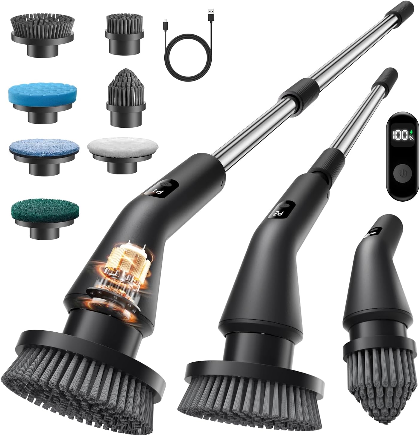 Electric Spin Scrubber, Upgraded IPX7 Cordless Cleaning Brush for Bathroom Shower, Household Cleaning Scrubber with 7 Brush Heads, Adjustable Long Handle and 2 Rotating Speeds for Tub Floor