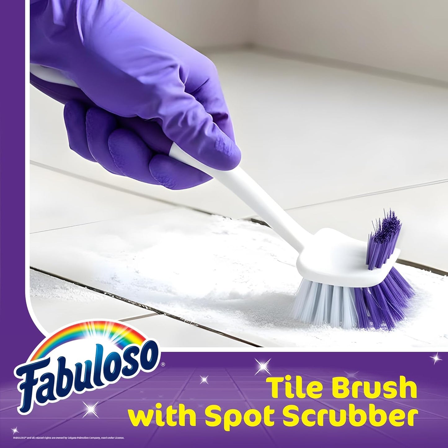Fabuloso Cleaning Brush with Handle, Compact Handheld Household Scrub Brush for Kitchen, Bathroom, Baseboards, Tile and Floors, Firm Bristles for Indoor Surface Cleaning, White and Purple, 5.5 Inch