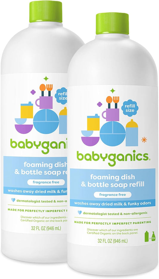 Babyganics Foaming Dish & Bottle Soap, Fragrance Free, Removes Dried Milk, 32 Fl Oz (Pack of 2), Packaging May Vary