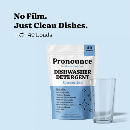 Pronounce Dishwasher Detergent Powder - Cleaner Ingredients, Fragrance Free - Ultra Concentrated, Cuts Grease and Grime, Dishwasher Pods Alternative (Residue-Free). (80 Loads, Unscented)