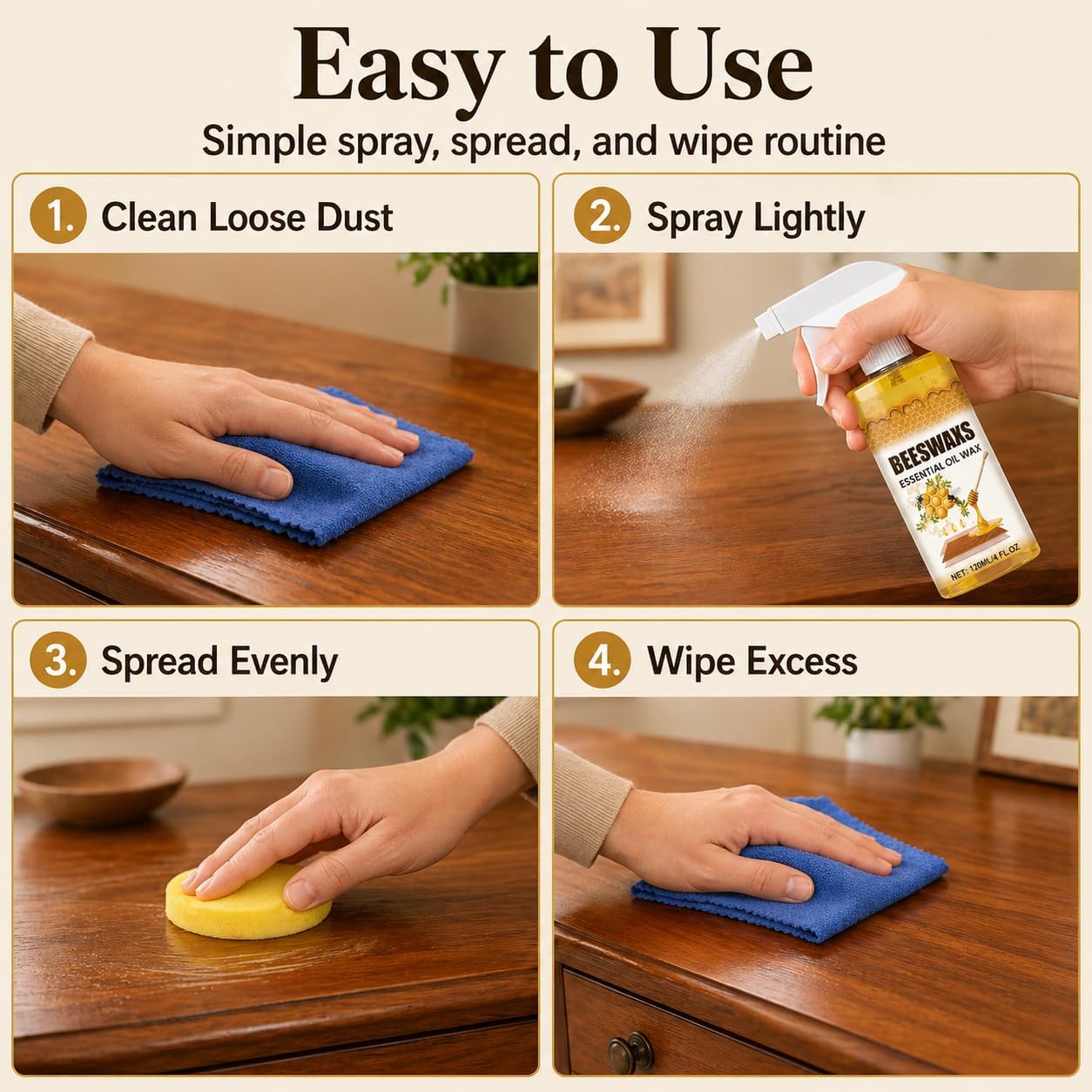 Beeswax Wood Polish Spray, 120ml Furniture Polish and Wood Cleaner Spray with Sponge and Towel, Beeswax Furniture Polish for Cabinets, Tables, Chairs, Doors and Finished Wood Surfaces (1set)