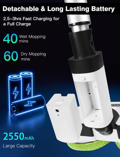 Cordless Electric Mop, Floor Cleaner with LED Headlight & Water Sprayer, Up to 60 Mins Detachable Battery, Dual-Motor Powerful Spin Mop, 300ML Water Tank for Multi-Surface, Self-Propelled