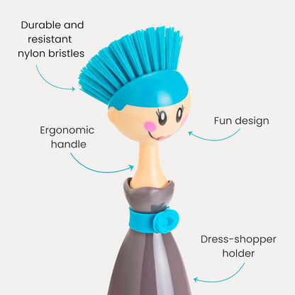 Vigar Dolls Dish Brush with Ergonomic Handle and Dres-shaped Storage Holder - Scrub Brush for Pans, Pots, Kitchen Sink Cleaning, Blue/Pink