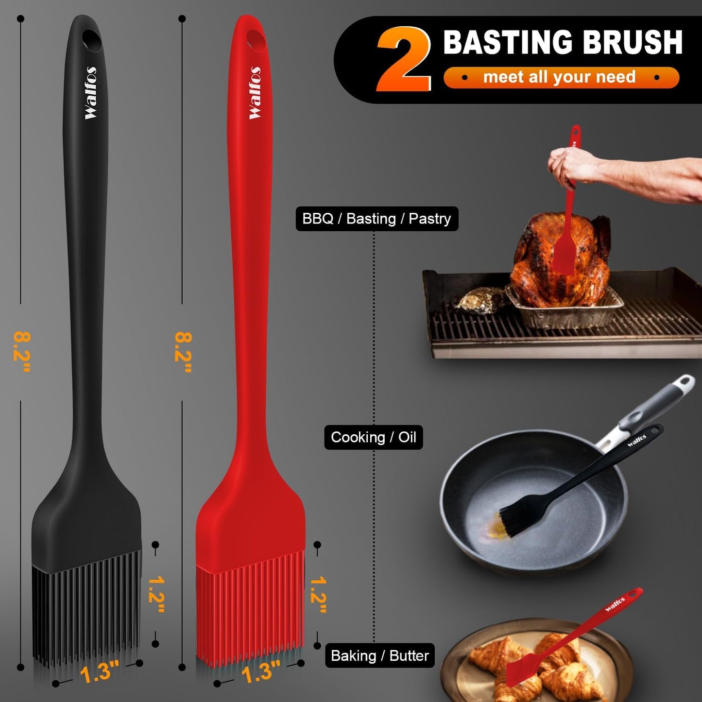 Walfos Silicone Basting Pastry Brush, Heat Resistant Pastry Brush Set, Strong Steel Core and One-Pieces Design, Perfect for BBQ Grill Baking Kitchen Cooking, BPA Free and Dishwasher Safe, 2 Pcs (Blue)