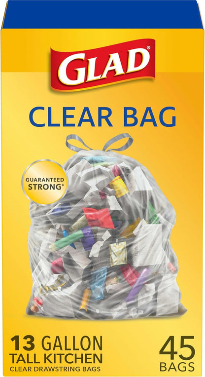 Glad Tall Kitchen Drawstring Bags, Clear, 13 Gallon, 45 Count (Package May Vary)