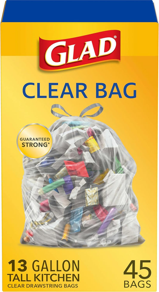 Glad Tall Kitchen Drawstring Bags, Clear, 13 Gallon, 45 Count (Package May Vary)