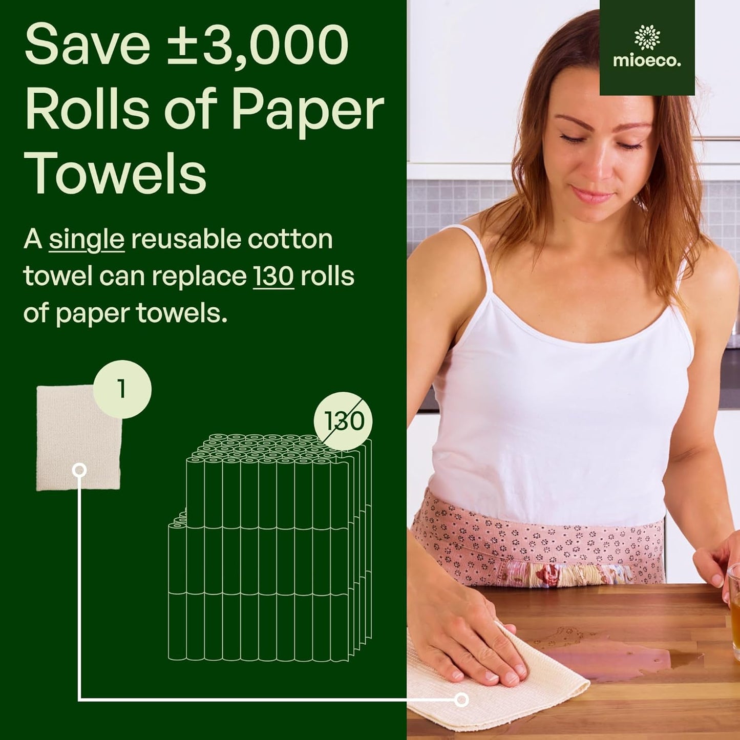 mioeco 20 Pack Reusable Kitchen Paper Towels Washable - Super Absorbent Natural unPaper Towels - Natural Cotton - Reusable, Paperless Kitchen Dish Cloths - 100% Organic