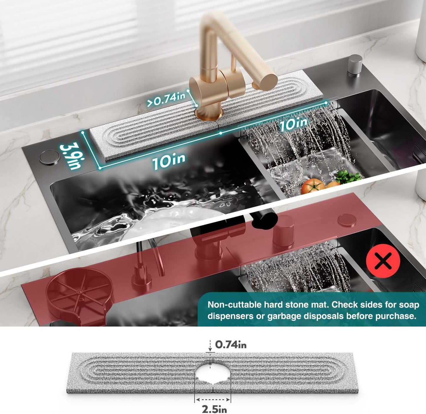 Eormoe Faucet Mat for Kitchen Sink – Diatomite Stone Drying Mat & Sink Protectors, Prevent Moisture – Sink Splash Guard Water-Absorbing Stone Tray for Bathroom Counter (Light Grey, 23.6" x 3.9")